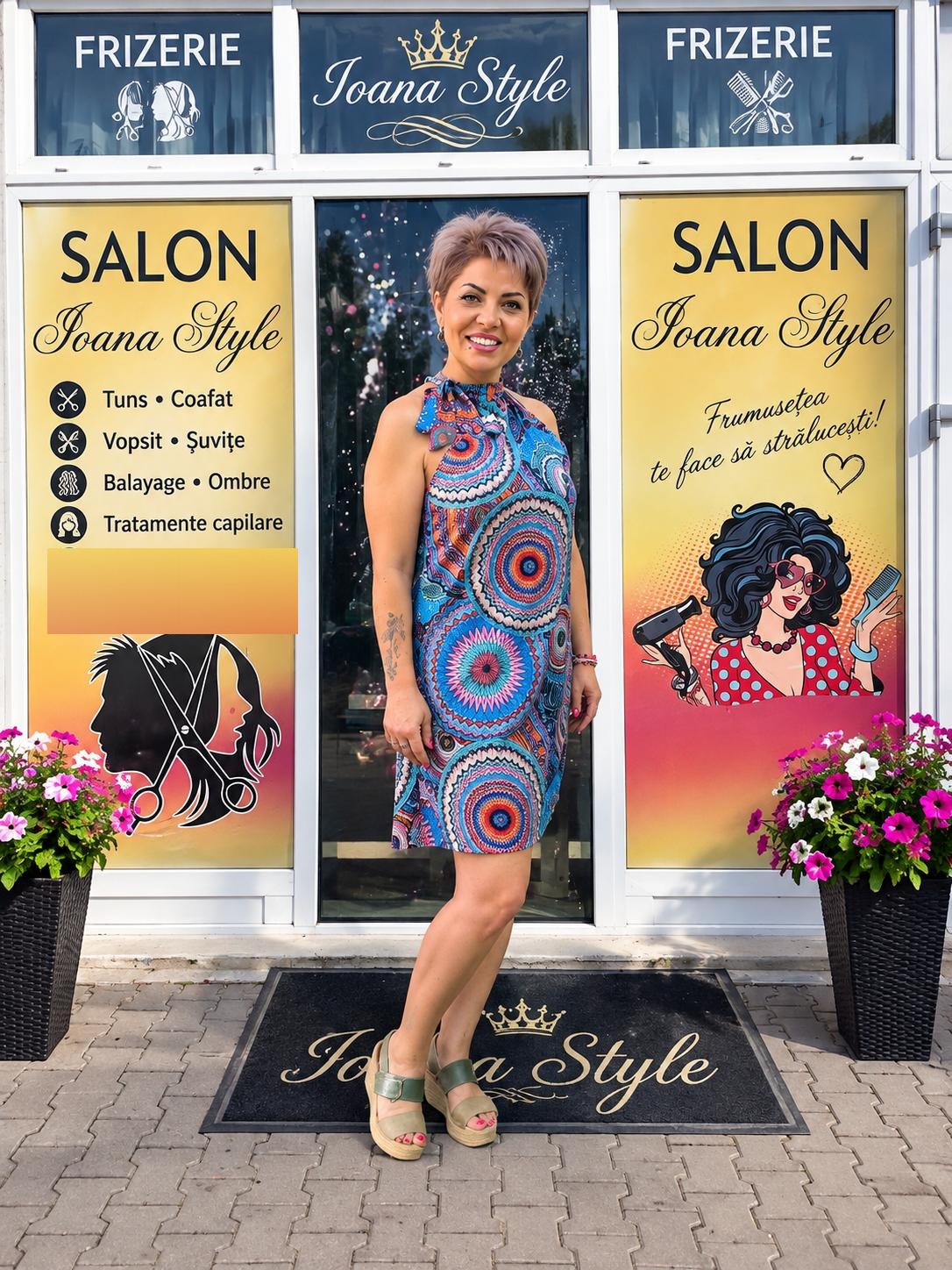 Ioana în fața Salon Ioana Style